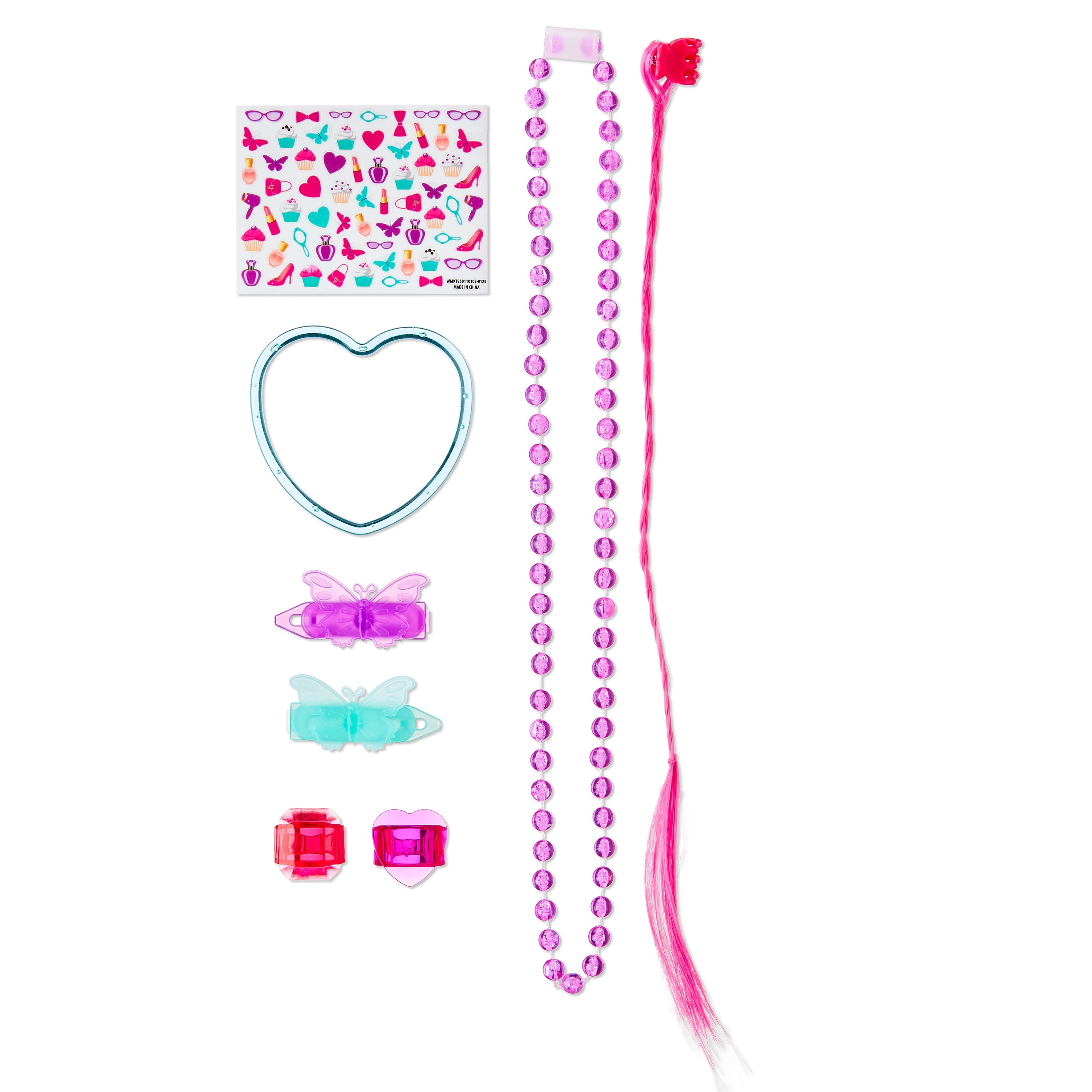 48 Count, Pink/Purple Dress-Up Party Favors Pack, Includes: 8 Hair Extensions, 8 Heart Bracelets, 8 Beaded Necklaces, 8 Crystal Rings, 8 Stickers, 8 Barrettes, Party Favors, by Way To Celebrate