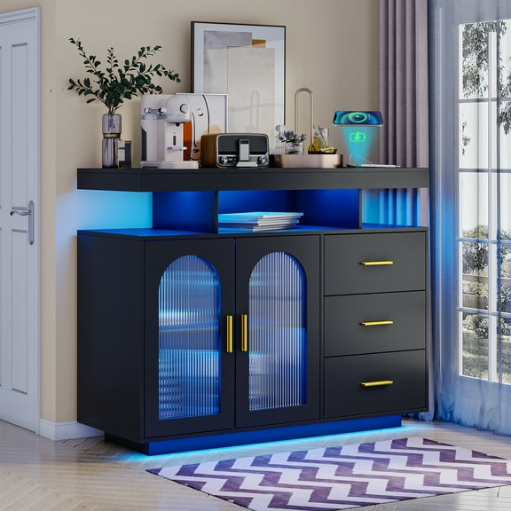 LED Buffet Cabinet with Wireless Charging Station,Auto Sensor RGB 20-Color Dimmable Sideboard with Human Body Induction