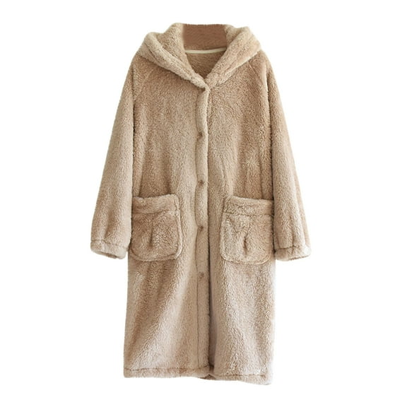 Htigea Womens Hooded Housecoat Fleece Button Up Nightgown with Pocket Soft Warm Winter Loungewear After Shower Bath Robes Coffee,M