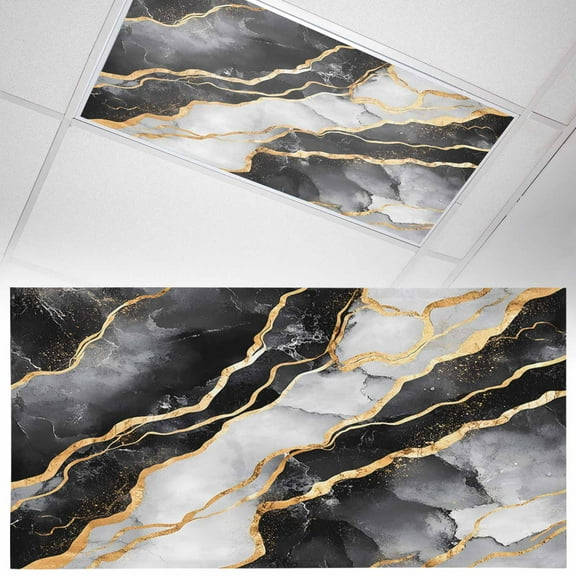Ceiling Light Cover for Classroom, Black and Gold Marble Texture Magnetic Fluorescent Light Covers Filter for School,Office, 2X4  FT, Pack of 1, Abstract Lines