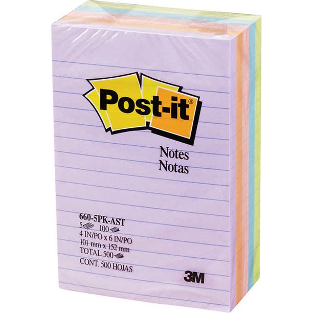 Postit Ruled Notes, Assorted Pastel Colors, 4" x 6", 100 Sheets, 5