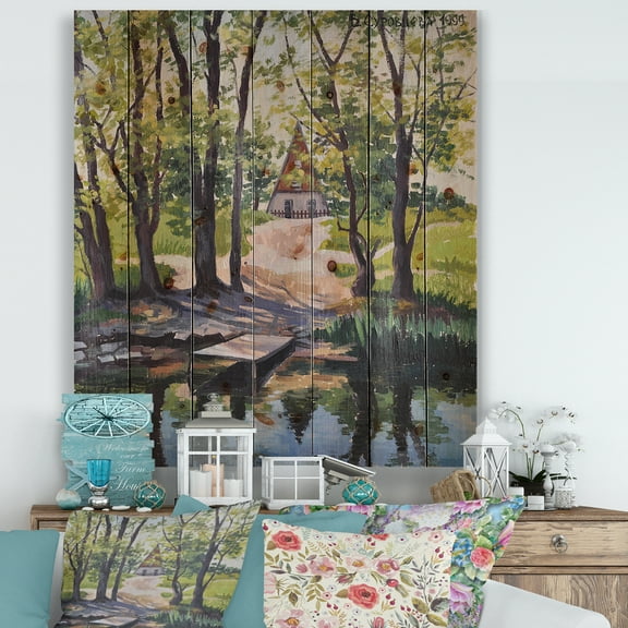Designart 'Mysterious Countryside House By The River In The Woods' Lake House Print on Natural Pine Wood
