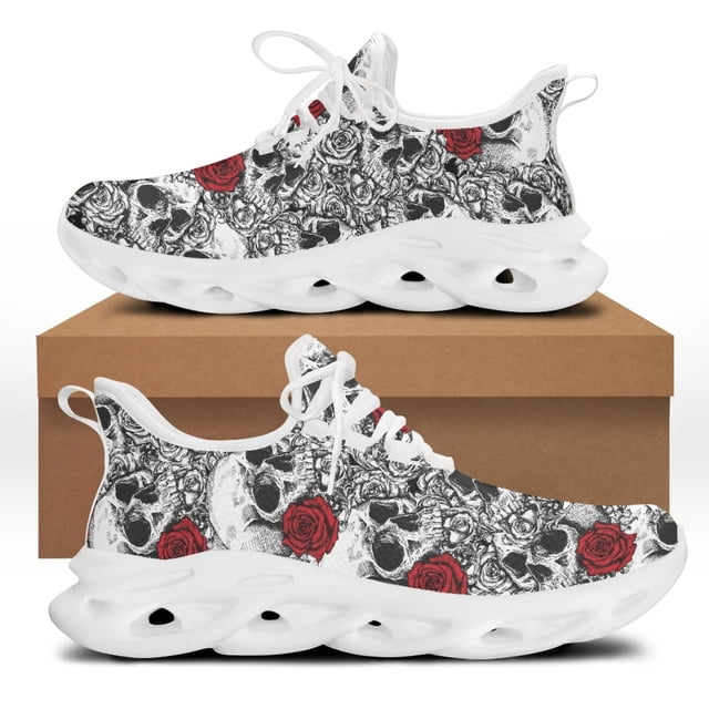 Zapatillas Yikeluo con diseño de calaveras de azúcar y rosas góticas, transpirables, con cordones de malla, cómodas para correr para mujer