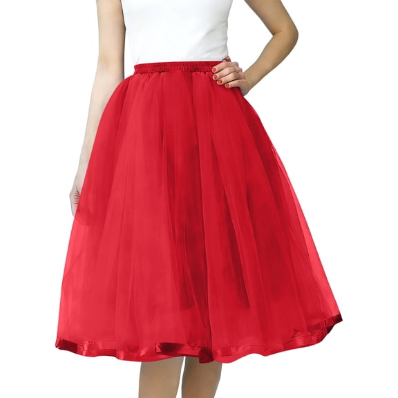 Hduncf Elegant Layered Tulle Skirt for Women Trendy Solid Color Summer Elastic High Waisted Puffy Midi Daily Party Skirts Red Free Size