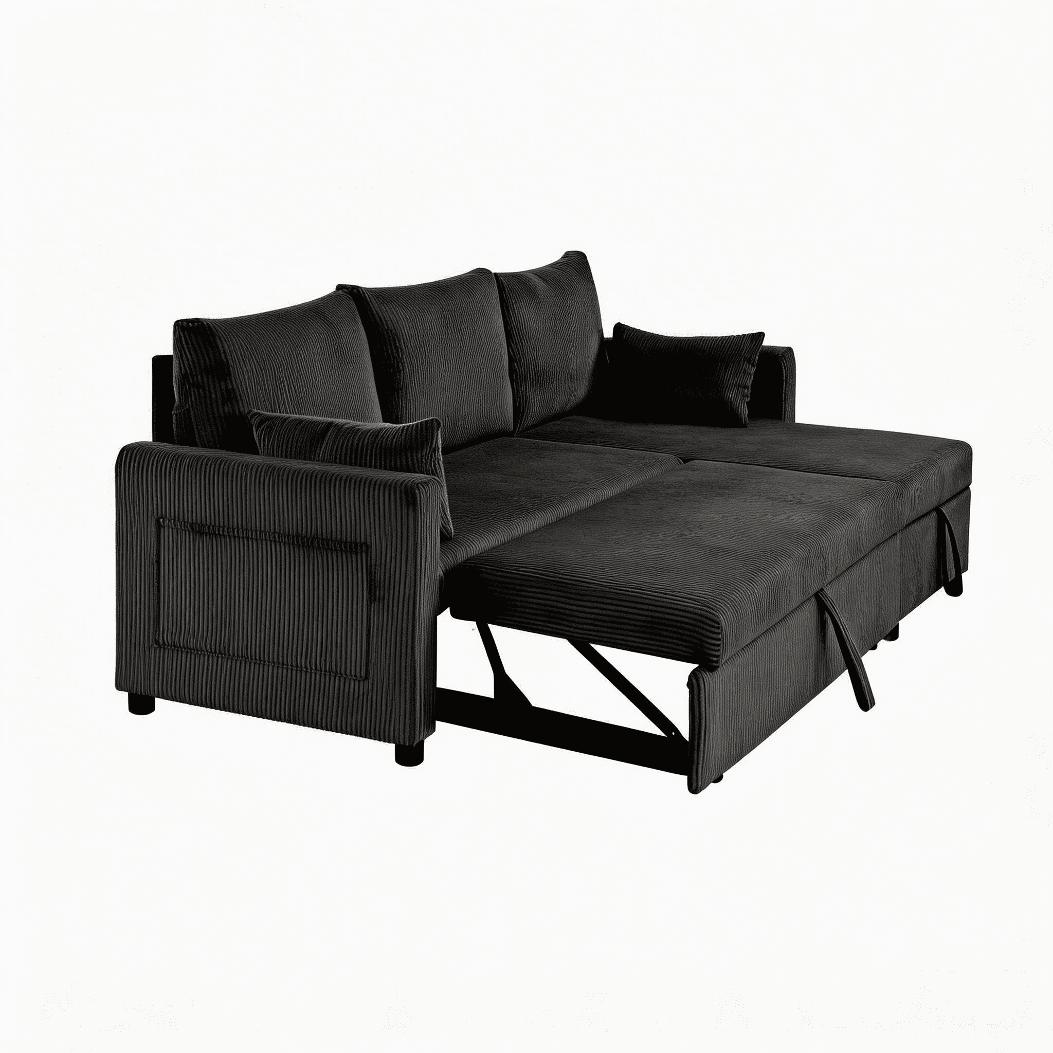 BSHTI L-Shaped Pull Out Sleeper Sofa Bed with Storage Chaise – 3-Seater Convertible Corduroy Sectional Couch for Small Living Room, Apartment, or Office, Black