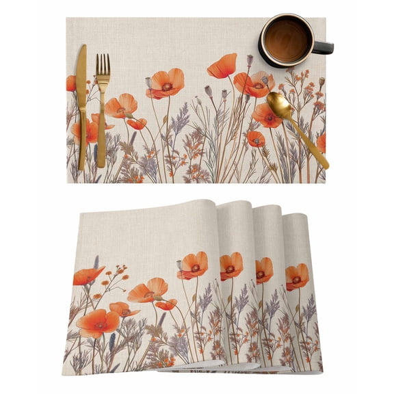 Orange Spring Floral Placemats Set of 4, Watercolor Farmhouse Botanical Placemats for Dining Table, Place Mats for Kitchen Tabletop, Waterproof Wipeable Dining Table Mats Set