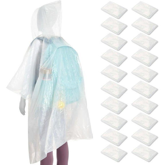 YUXNET 20-Pack Disposable Rain Ponchos for Kids - Emergency Plastic Raincoats with Hood for Boys and Girls