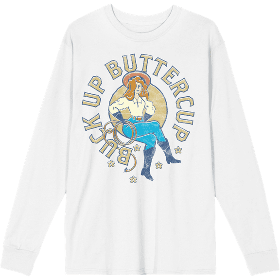 Buck Up Buttercup Adult White Crew Neck Long Sleee Tee-Medium