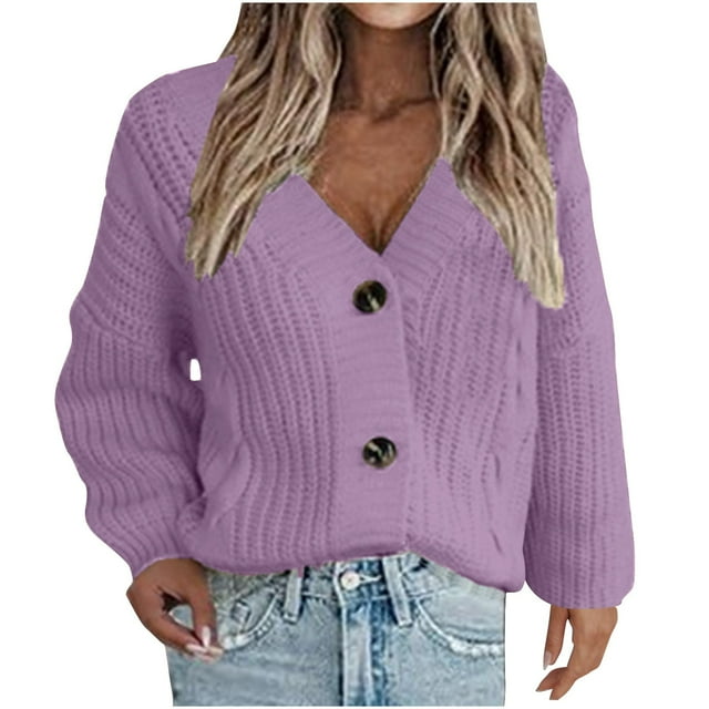 Simua Women's Knit Open Front Sweater Long Sleeve Button Loose Short Cardigan Outerwear Coats