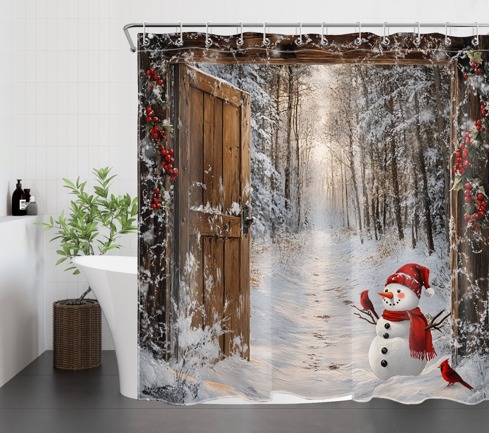 HVEST Rustic Winter Christmas Shower Curtain with Cute Snowman and Winter Snow Forest Design - Farmhouse Barn Door Bathroom Decor, Waterproof Polyester Fabric, Includes 12 Hooks, 72x72 Inches