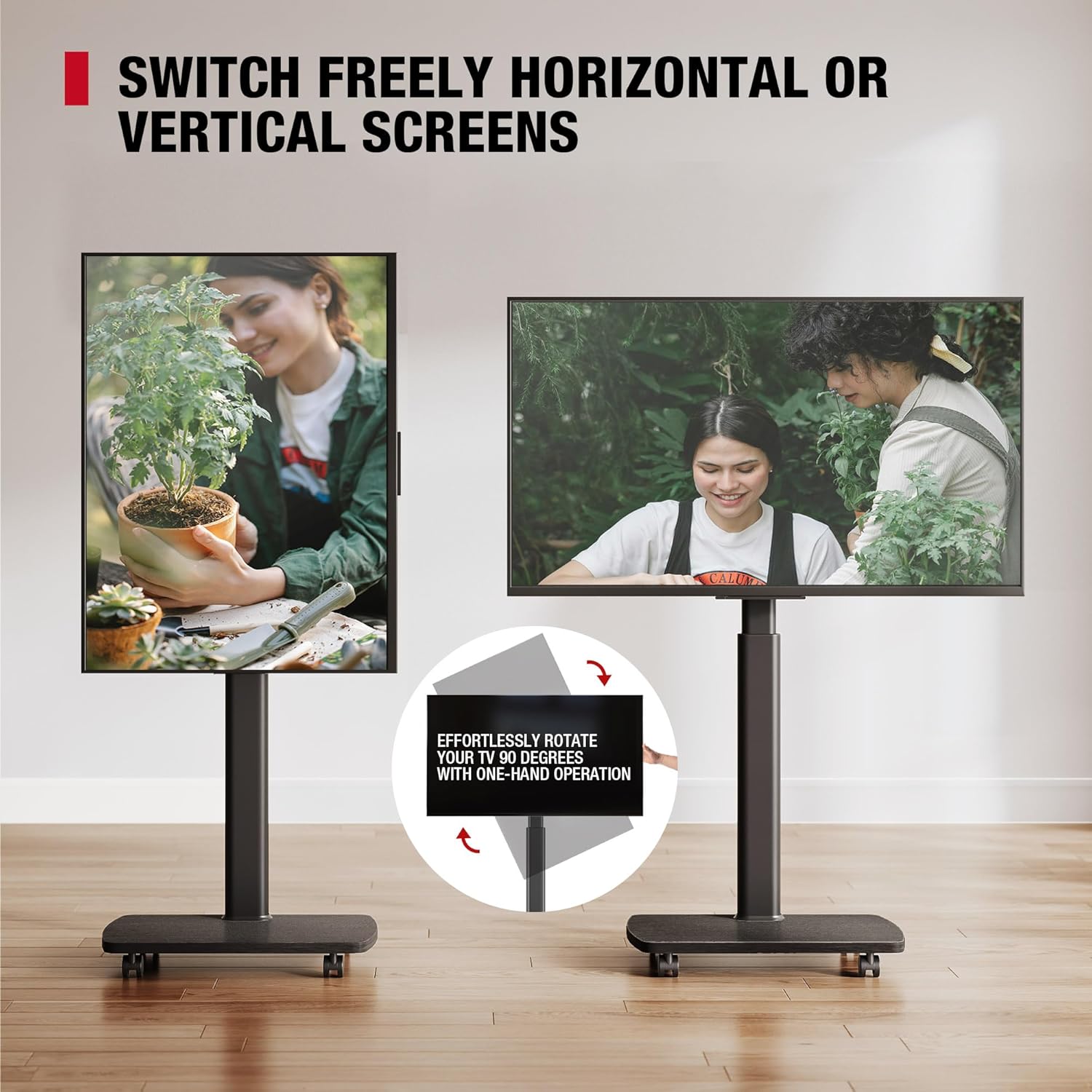 AOKCOS Rolling TV Stand for 32–65 Inch TVs, Black, Portrait/Landscape Rotation, Tilt