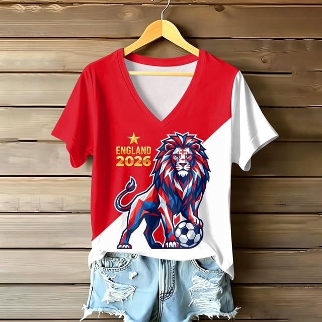 Women's Football Graphic T-Shirt,V-Neck Short Sleeve Graphic Print T-Shirt, Lightweight Summer Casual Soft Top for Everyday Wear for Soccer Tournament 2026 Red Size: L