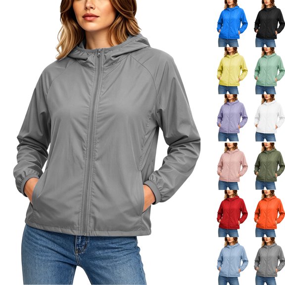 Oversized Rain Jackets for Women Waterproof Summer Hoode Solid Color Zipper Sunscreen Jacket