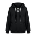 thumbnail image 4 of Qgtaibl Women's Lace Up Hoodie Criss Cross V Neck Drawstring Pullover Sweatshirt Thin Fleece Long Sleeve Fall Hooded Top with Kangaroo Pocket Black XXXL, 4 of 6