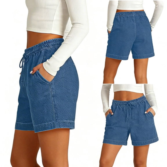 Hueook Stretch Loung Shorts Casual Shorts Women's Solid Color Elastic Denim-like Double Pocket Shorts Fitness and Casual Leggings Cropped Shorts Blue 2X