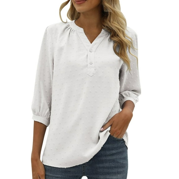 Women's Casual 3/4 Sleeve Henley V-Neck Button Up Pleated Back Blouses Swiss Dot Blouse Tops T-Shirts