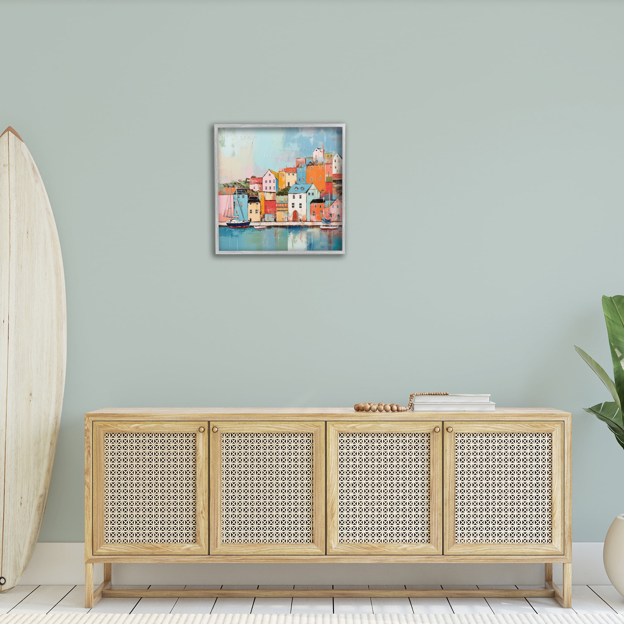 Stupell Industries Seaside Neighborhood Painting Transportation Painting Gray Framed Art Print Wall Art, 24 x 24