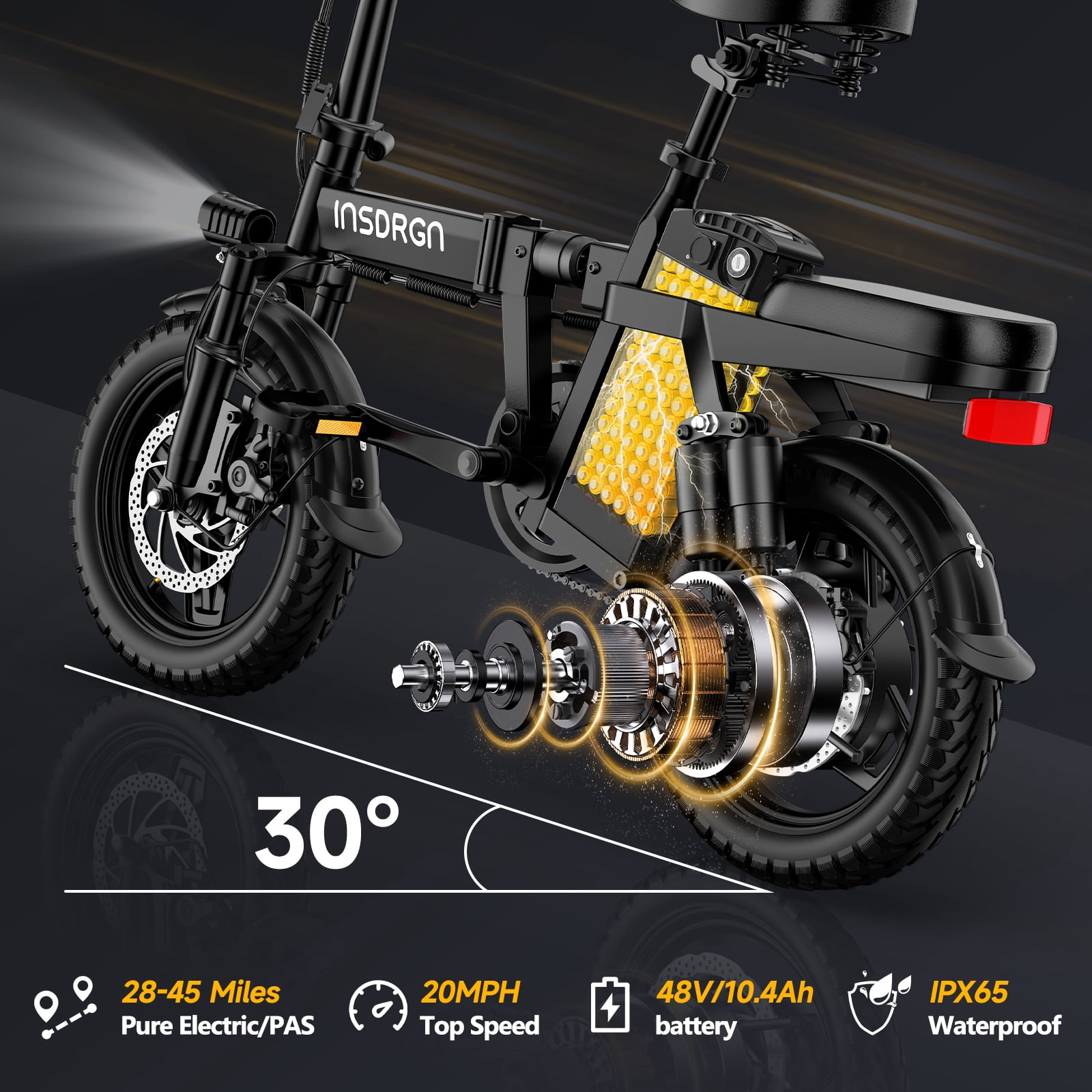INSDRGN Folding Electric Bike for Adults Teens, 650W Peak Motor, 10.4AH 48V Battery 14" Electric Bicycles, 28 Miles Range, Mini Ebike for City Commuter, UL2849, Black