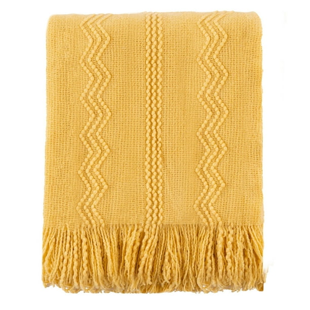 Battilo Mustard Yellow Throw Blanket with Tassel, Knitted Yellow Throws
