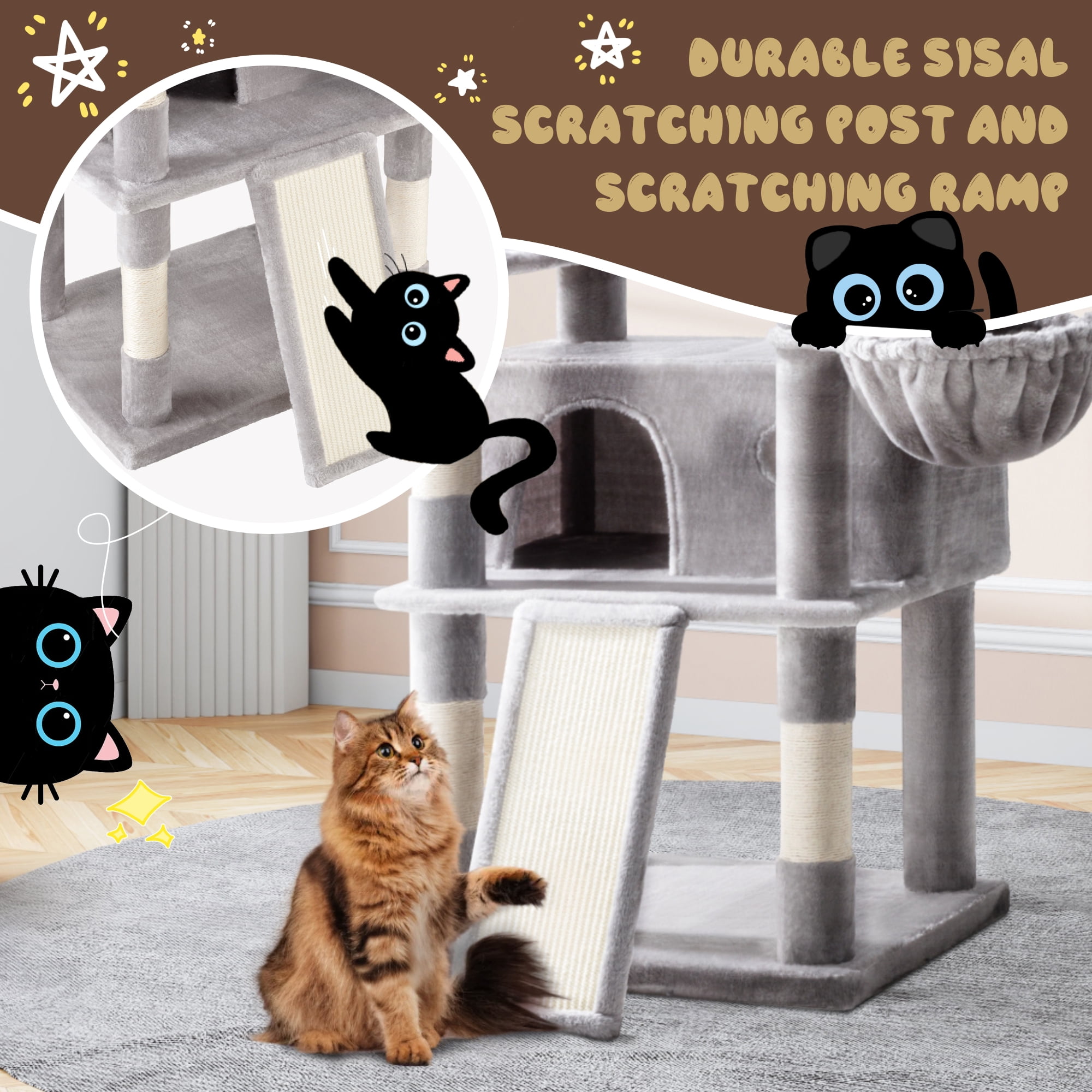 Amolife 81" Large Cat Tree Tower for Large Cats with Cat Condo Hammock, 2 Scratching Ramps, 6 Scratching Posts, Grey