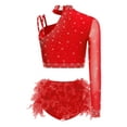 thumbnail image 5 of SiiRoh Women Ballroom Latin Dance Set One Shoulder Crop Top with Feather Briefs Belly Dancing Outfit Red M, 5 of 6