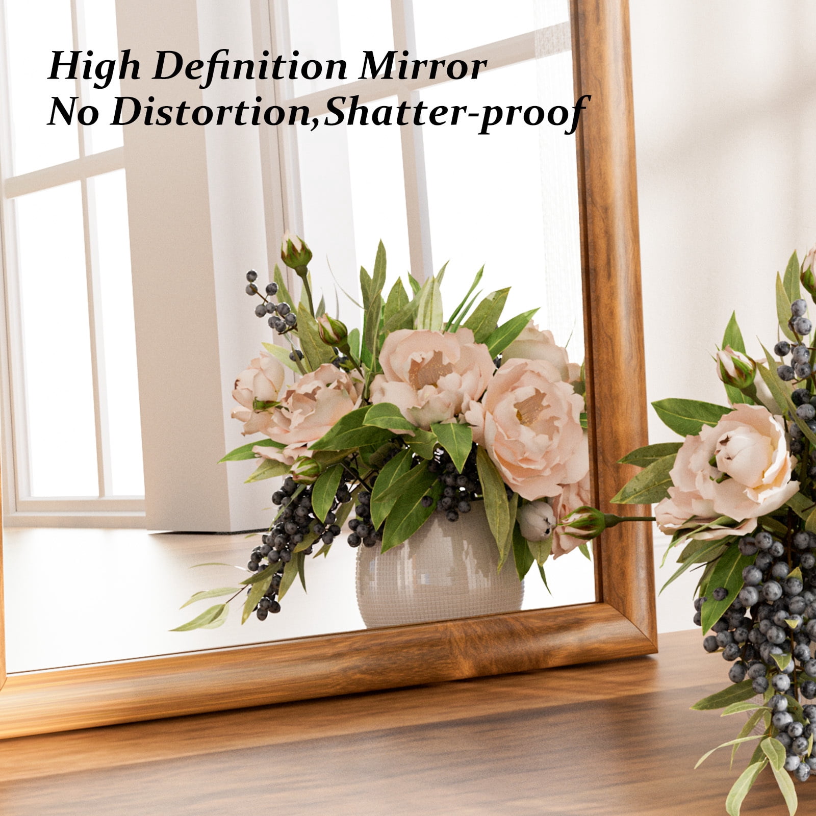 Easy4Home 36" x 24" Arched Bathroom Mirror Wall Decor with Wooden Frame, Natural Wood