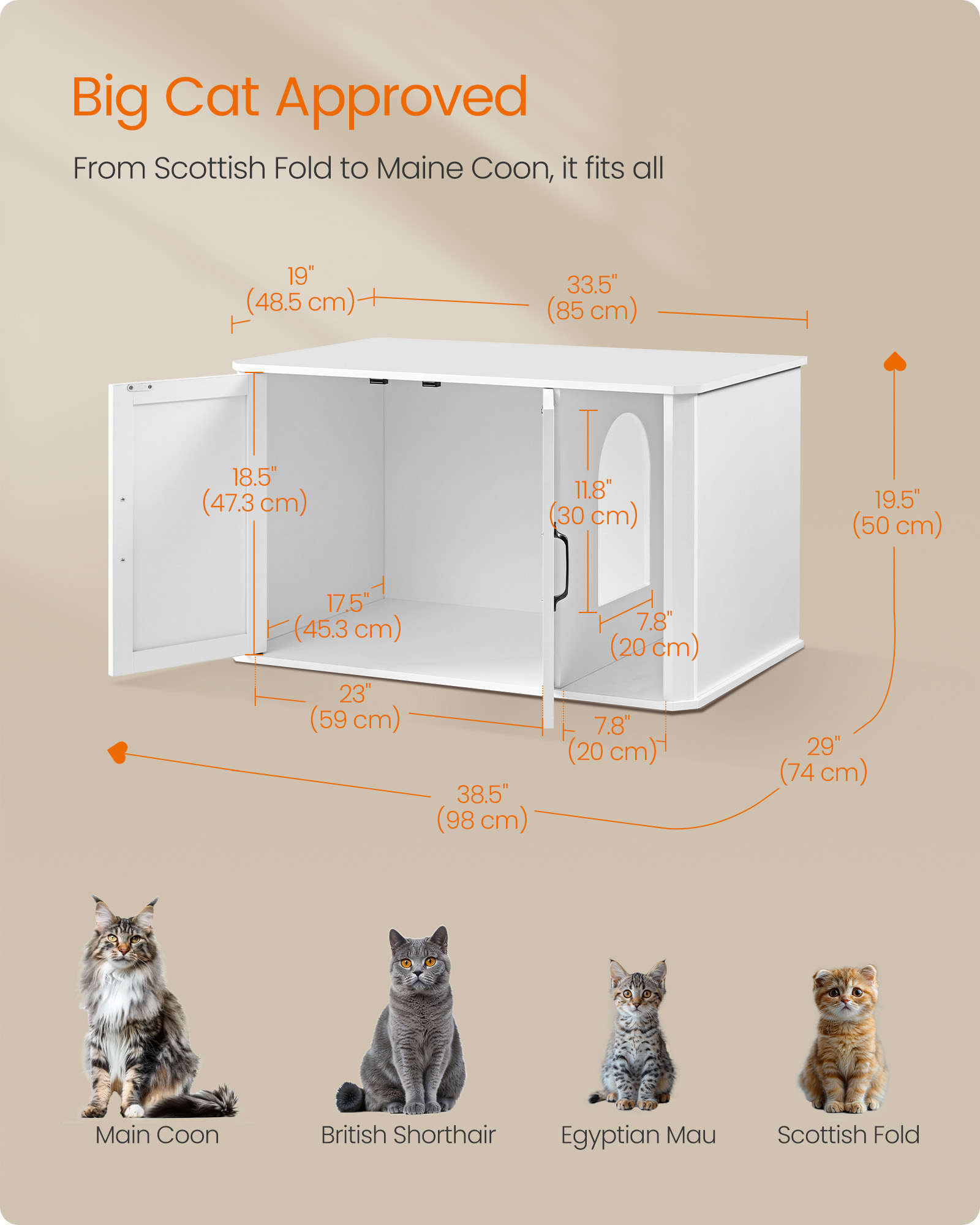 Litter Box Enclosure, Modern Cat Litter Box Furniture Hidden, with Front Entry, Double Doors, Handles, Cat House, Side End Table, 33.5 x 19 x 19.5 Inches, Cloud White