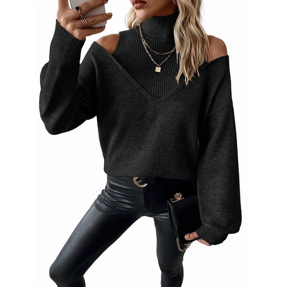 Women Cold Shoulder Sweater Turtelneck Cut Out Pullover Sweater Casual Long Sleeve High Neck 2 in 1 Tops Black L