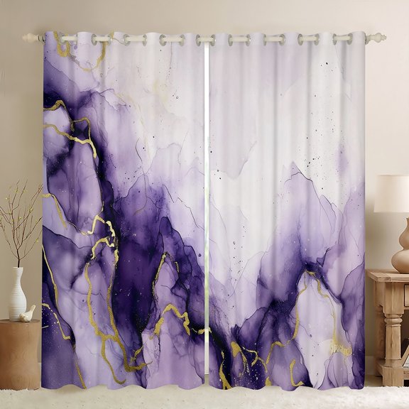 Manfei Modern Marble Black Out Curtains for Female, Purple Gold Watercolor Curtains Pack of 2 (42x63 Each), Abstract Ombre Bedroom Curtains, Window Curtains Decor