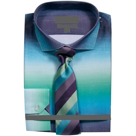 men's slim fit ombre fancy dress shirt with tie