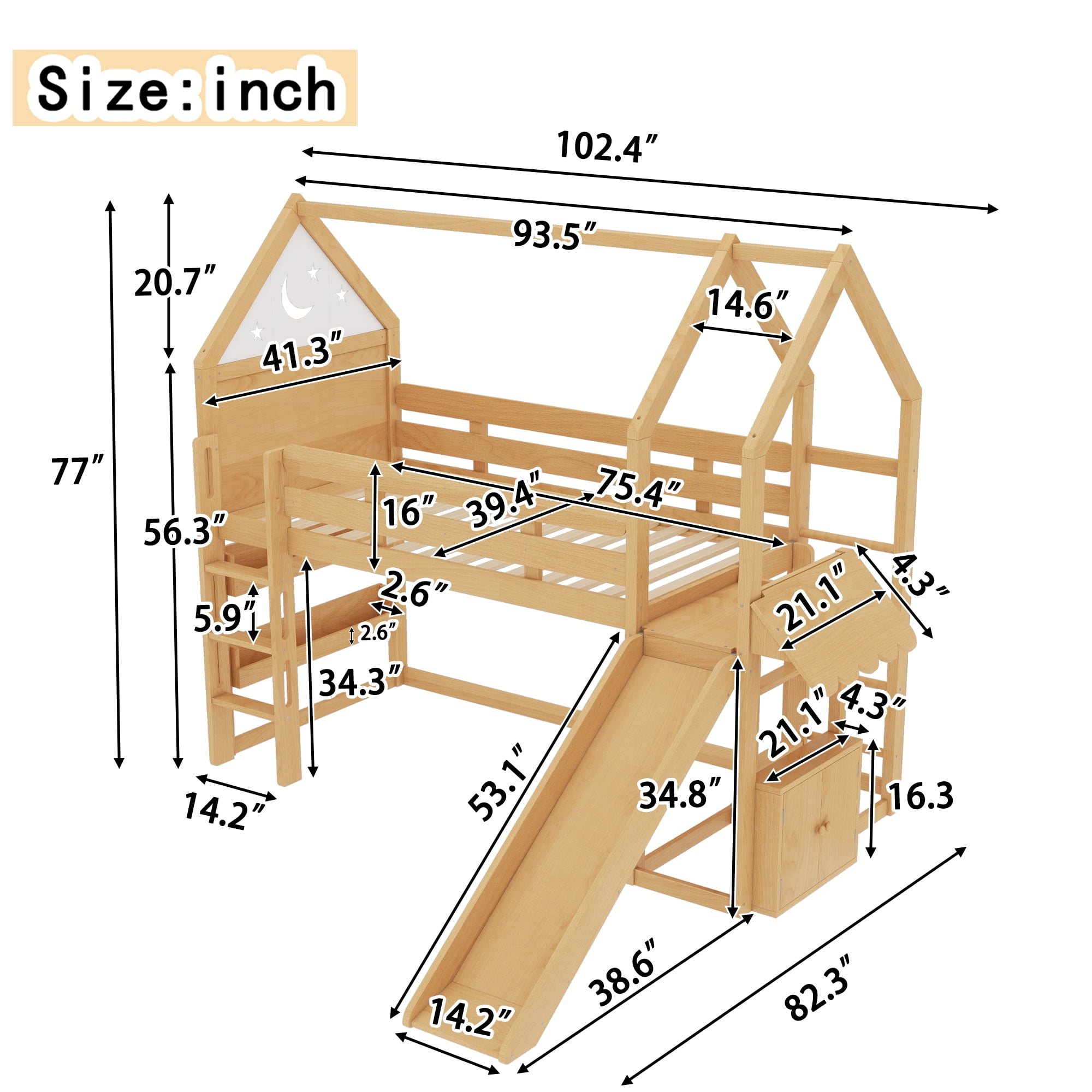 Yoneston Twin House Shaped Loft Bed with Slide and Bookshelf, Starry Moon Platform House Bed with Stairs, Roof & Guardrails for Kids Teens Bedroom Playhouse, Natural