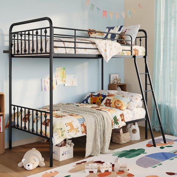 SHA CERLIN Convertible Twin Over Twin Bunk Bed, CPC Certified, Victorian Iron-Art Headboard and Footboard, Space-Saving Metal Bunk Bed with Guardrail & Ladder, No Box Spring Needed, Black
