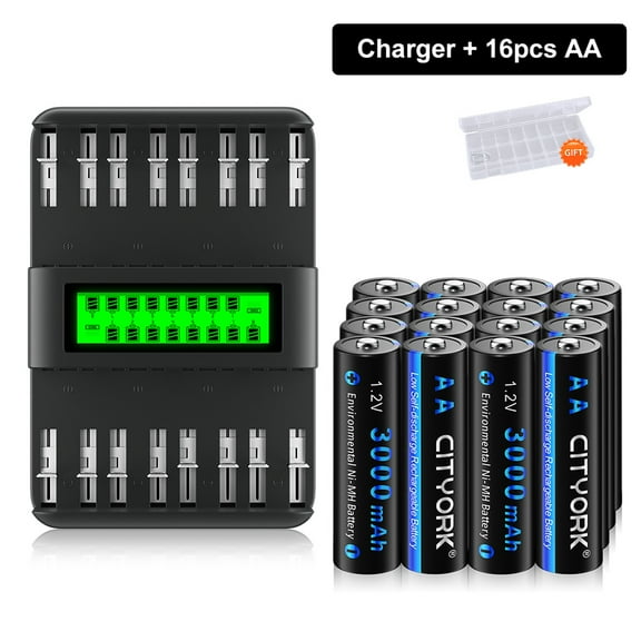 16 AA 3000mAh High Capacity Low Self Discharge 1.2v Ni-MH Rechargeable Batteries with 16 Slots Intelligent Fast LCD Indicator USB Battery Charger For 1.2V AA AAA C D Size Ni-MH Batteries
