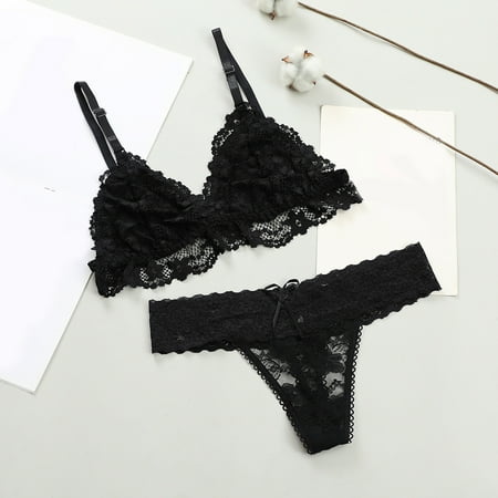 

CAICJ98 Lingerie for Women Ladies Deep V Seamless Lace Beautiful Back No Steel Ring No Bra Pad Bra Ladies Underwear Satin Lace (Black M)