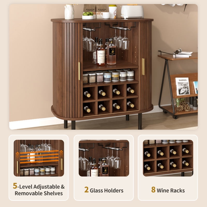 28" Fluted Wine Bar Cabinet – 8-Bottle Wine Rack, 5-Level Adjustable Shelves, 2 Glass Holders, Sliding Tambour Doors, 4 Hidden Side Compartments, Modern Liquor Coffee Station