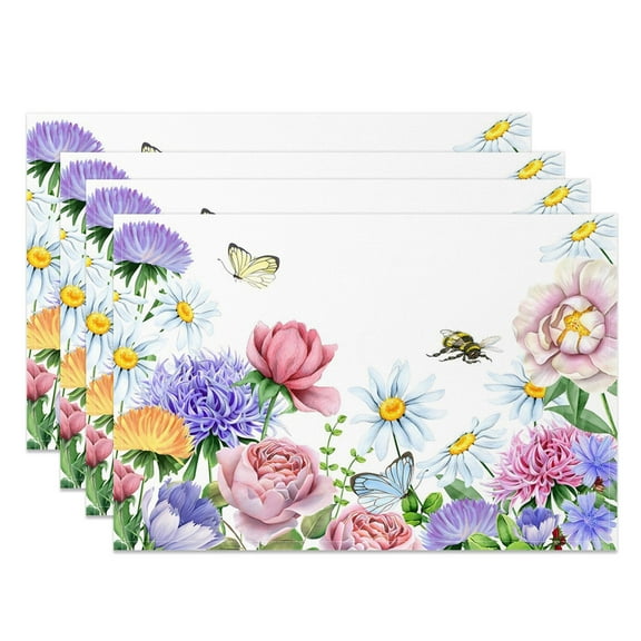 SUNOLIFE Spring Floral Placemats Set of 4,Colorful Flower with Butterfly Linen Fabric Table Mats for Dining Table Decorations 12x18 inch