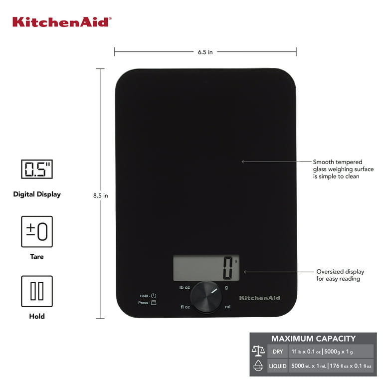 KitchenAid 11lb Digital Glass Top Kitchen and Food Scale Measures Liquid  and Dry Ingredients Black 