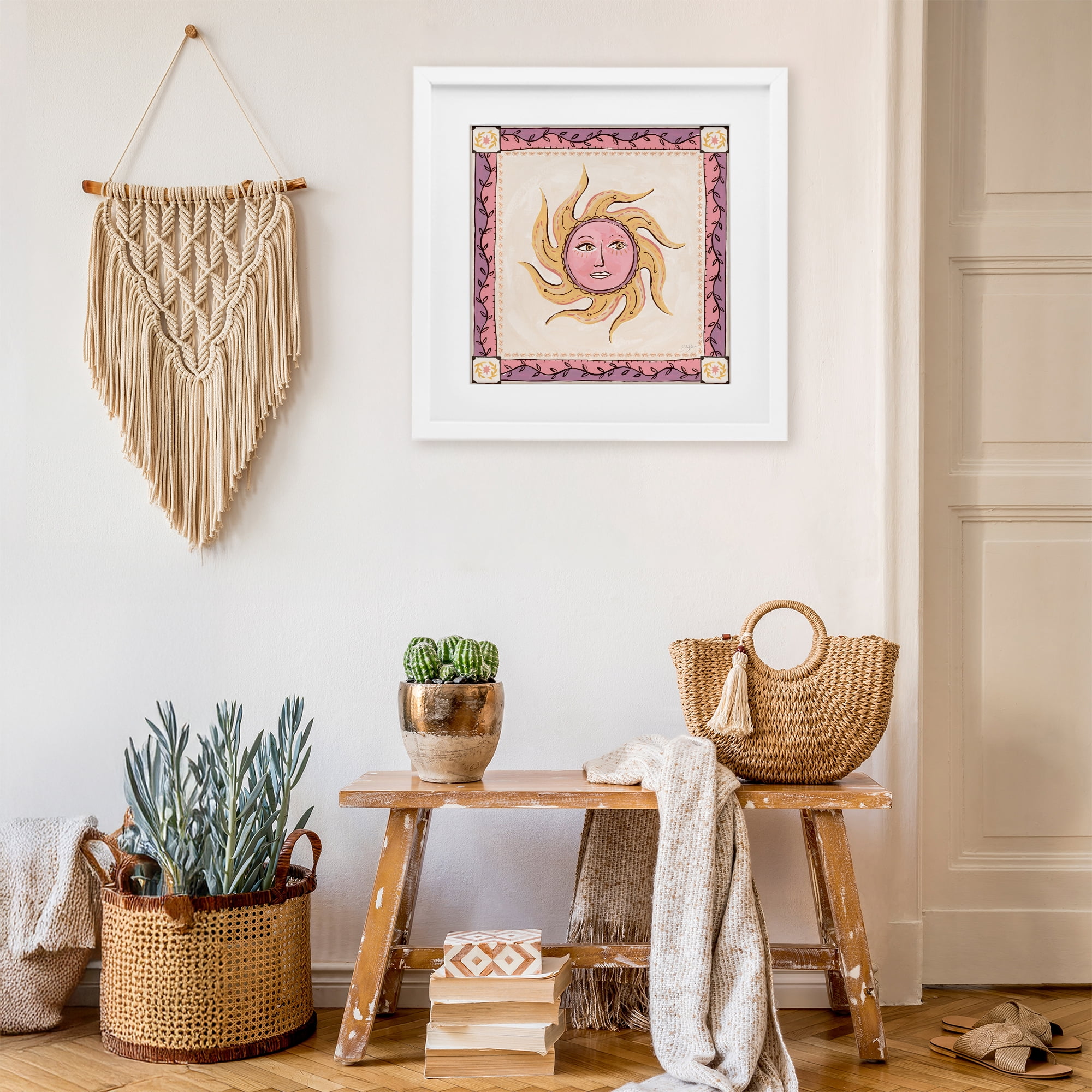 Stupell Industries Pink Sun Face with Leaf Border White Framed Print Under Glass, design by Two If By Sea Studios