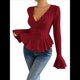 thumbnail image 1 of Camiseta Elegante de Larga con Cuello en V para Mujer, Otoño e Invierno, con Volantes, Corte Entallado y Mangas Acampanadas Vino Tinto L, 1 of 9