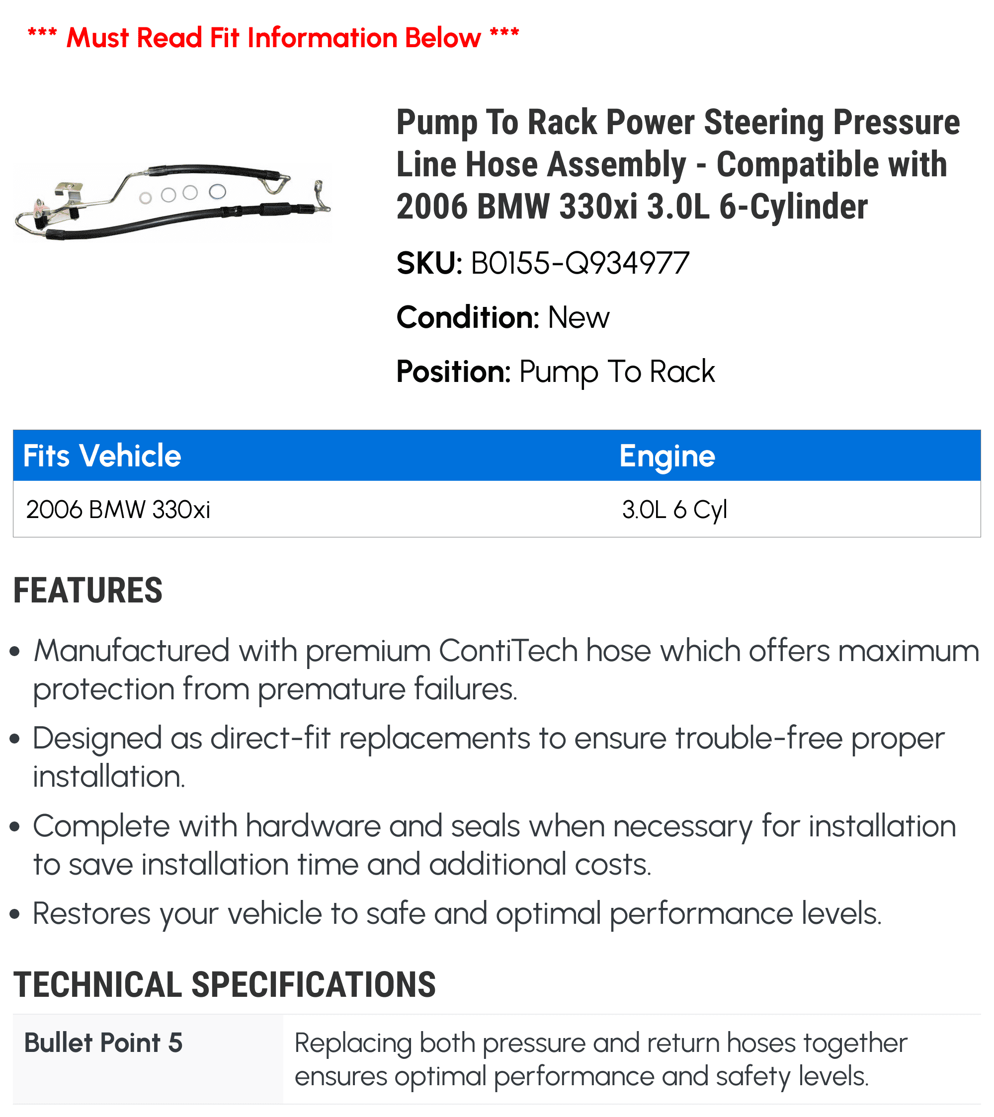 Pump To Rack Power Steering Pressure Line Hose Assembly - Compatible with 2006 BMW 330xi 3.0L 6-Cylinder