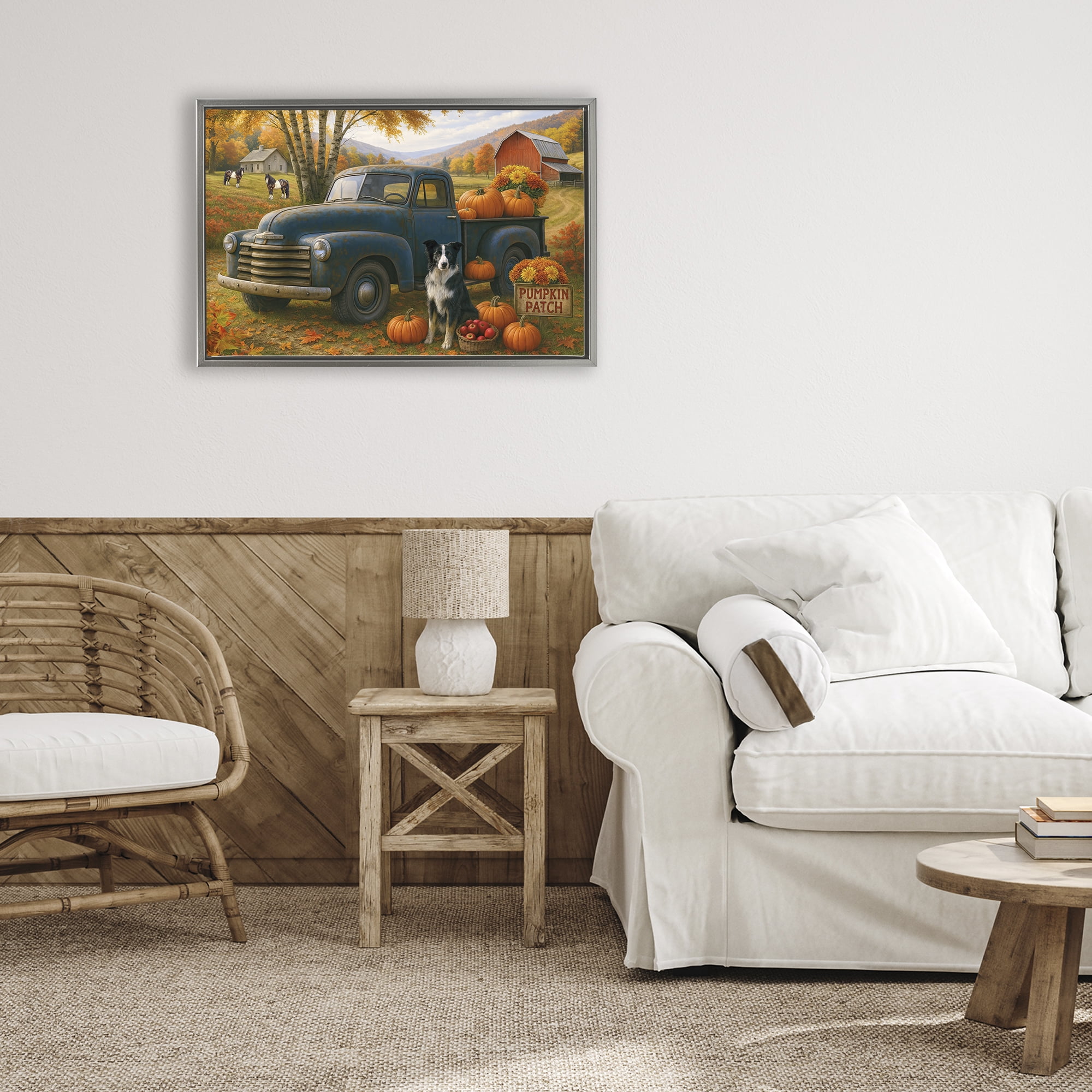 Autumnal Farmland Collie Dog Gray Framed Floater Canvas Wall Art, design by Tom Crehan