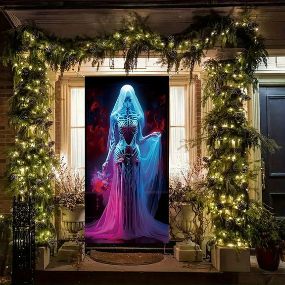 Taotanxi Halloween Decorations Door Cover, Large Halloween Door Banner Bathroom Porch Door Backdrop Decor for Parties, Indoor Outdoor Haunted House Themed Decoration, 35x71 Inc