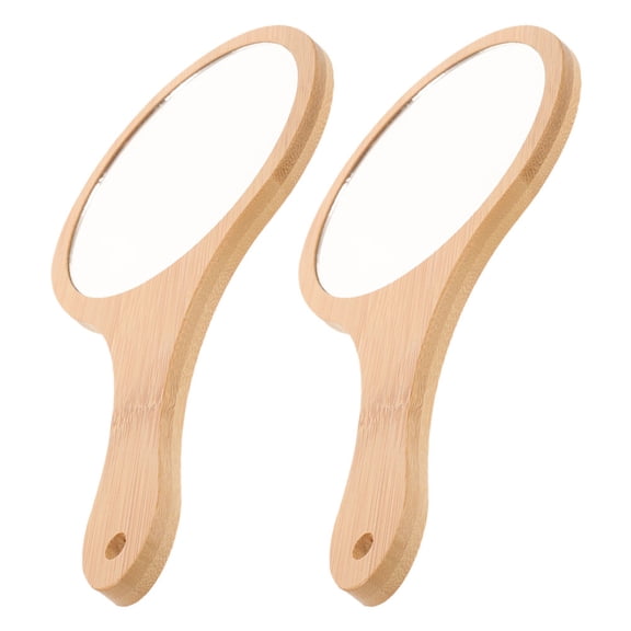 VORCOOL 2Pcs Compact Handheld Makeup Mirrors with Bamboo Frame Khaki Stylish Design for Travel Use