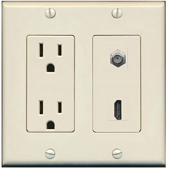 RiteAV - 15 Amp Power Outlet and 1 Port HDMI Coax Cable TV- F-Type Decorative Wall Plate - Light Almond