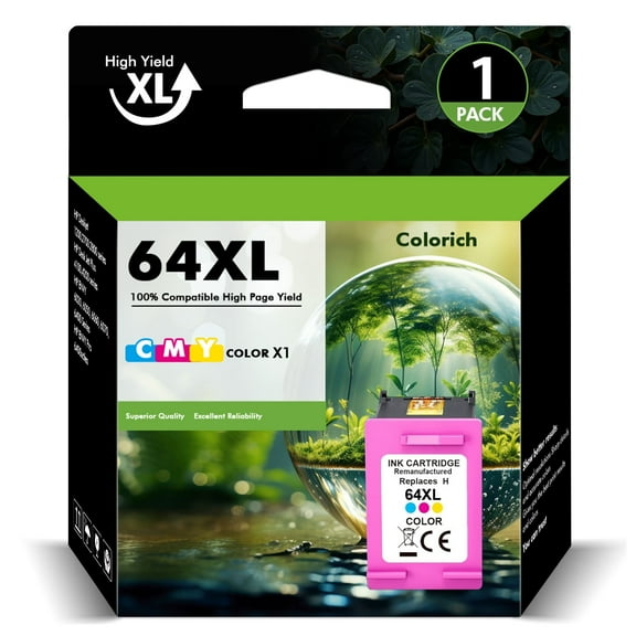64XL 64 Ink Cartridges Compatible for HP 64XL 64 1 Pack Tri-color Ink for Envy Photo 7855 7858 7155 7120 7800 6255 6252 7158 7164 (1 Tri-color)