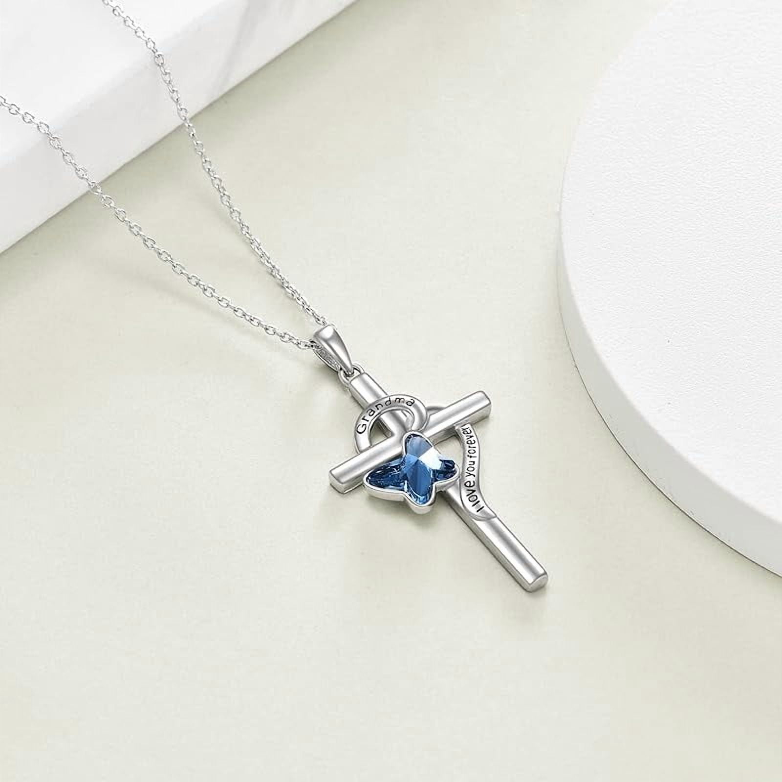 Grandma/Granddaughter Necklace Gifts for Women 925 Sterling Silver with Blue Butterfly Crystal Cross Necklace for women