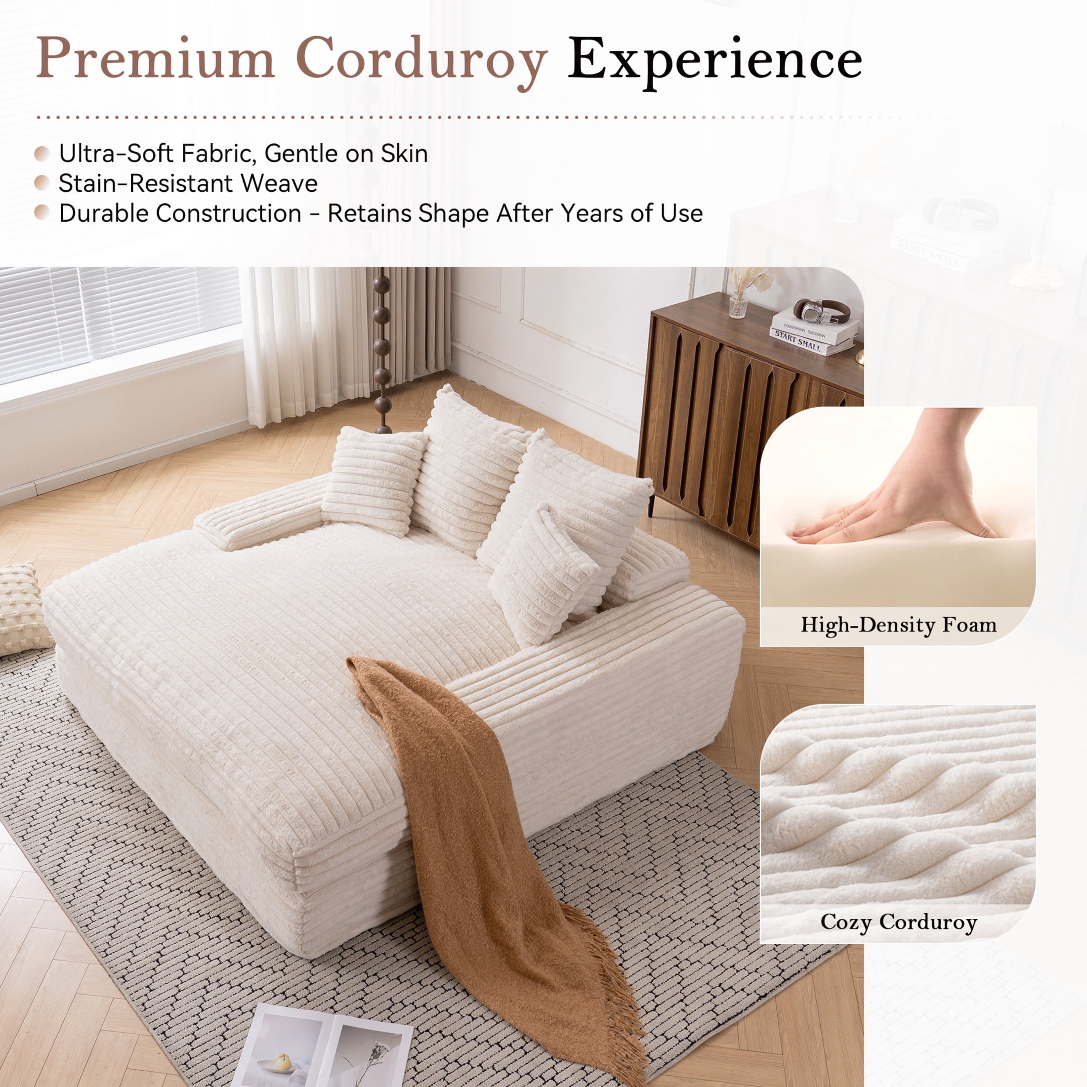 Noble House Heliox 68" Oversized Chaise Lounge Chair, Plush Corduroy Sleeper Sofa Bed with Removable Pillows, Beige