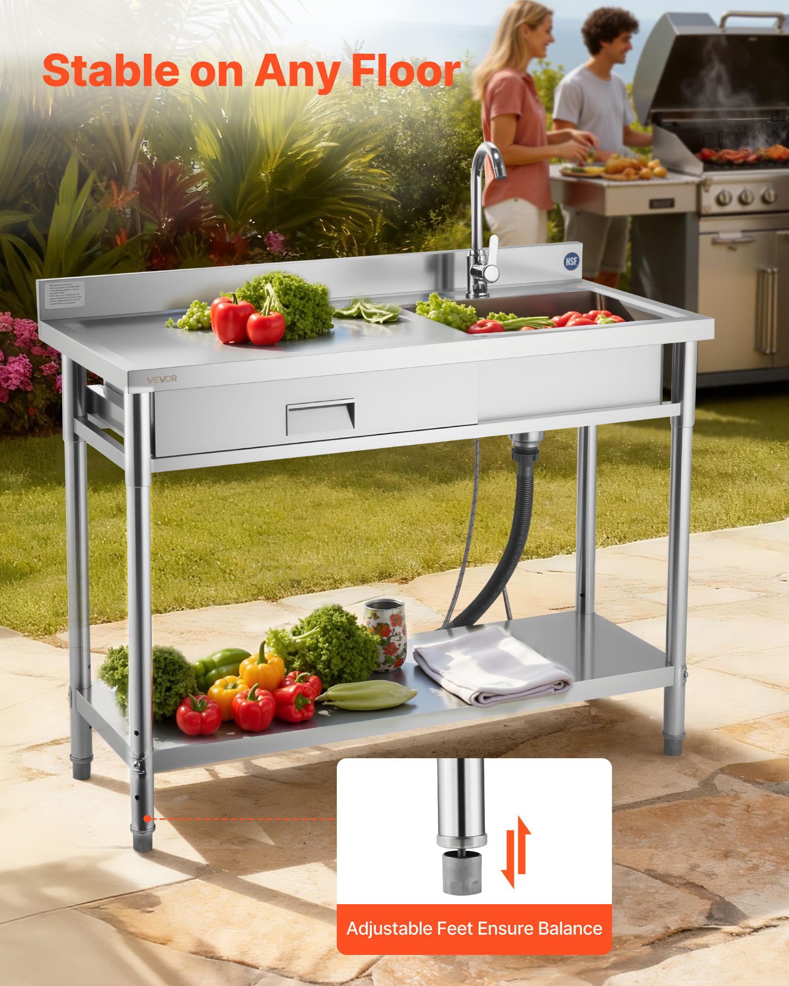 VEVOR Stainless Steel Utility Sink, Rolling Single Bowl Commercial Kitchen Sink with Drawer, Faucet and Hot & Cold Water Pipe, Utility Basin for Garage, Restaurant, Laundry, 47.2 x 19.7 x 37 in