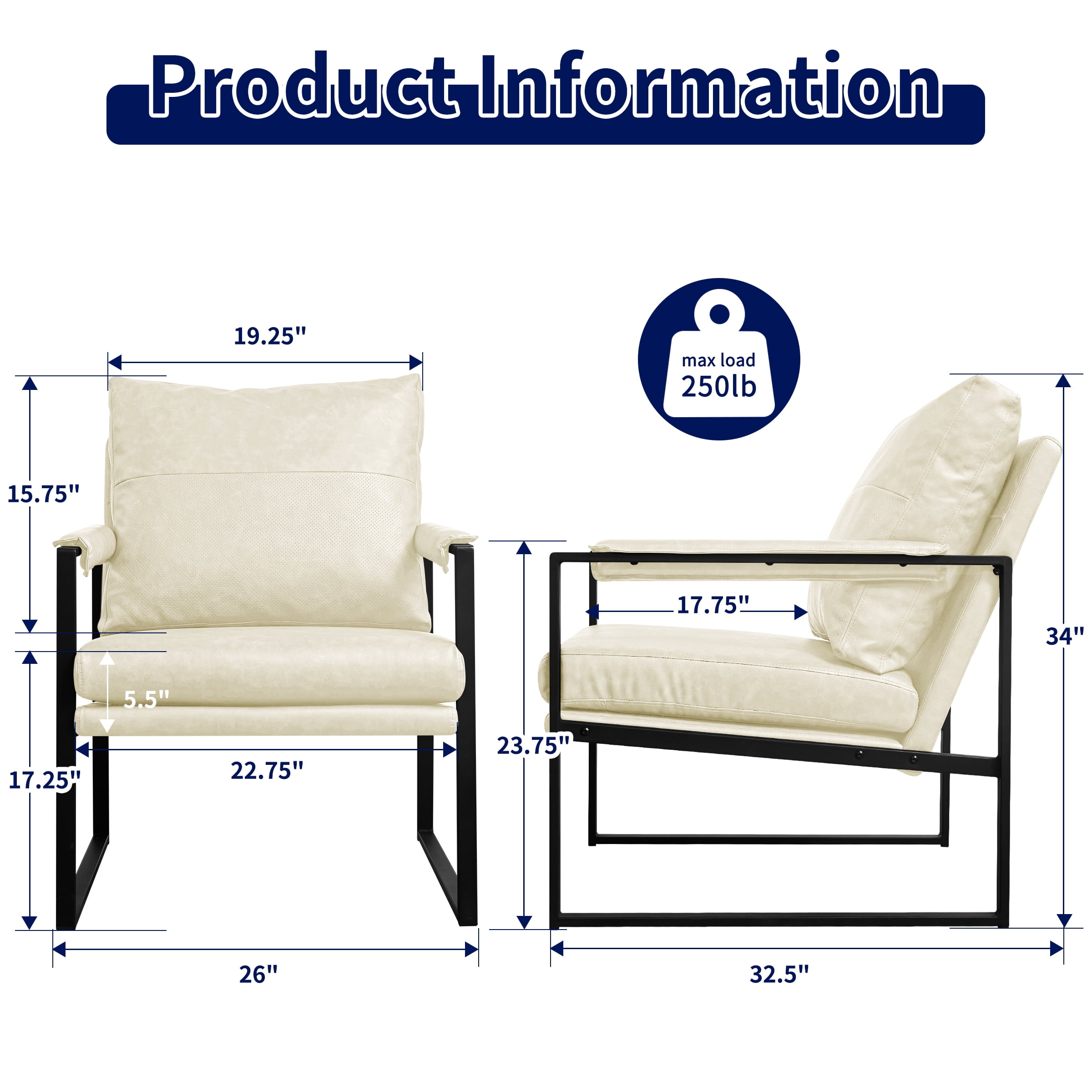 Subrtex Upholstered Modern Accent Chair with Metal Frame, Set of 2, Cream PU Leather