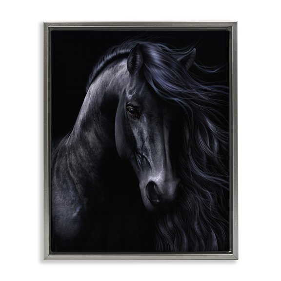 Stupell Industries Farmhouse Black Stallion Portrait Gray Floating Frame Canvas Art, 17 x 21, by Laurie Prindle